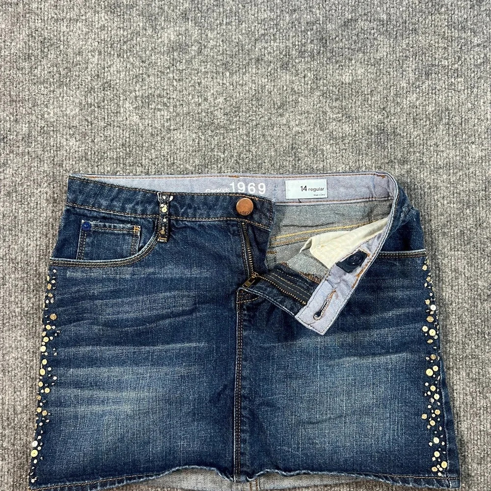 Gap 1969 Mini Skirt Girls 14R Blue Whiskered Denim Cotton Sequins‎ Dark Wash